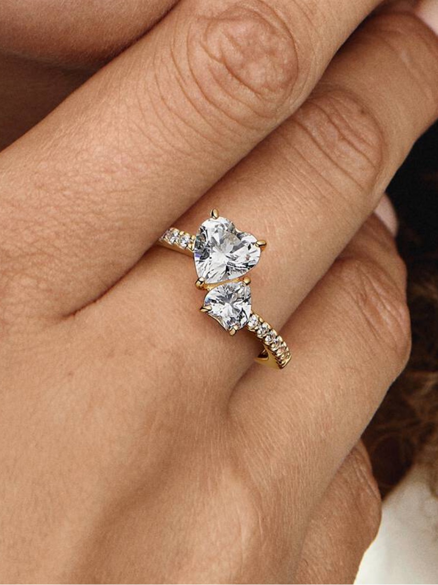 Pandora Gold Heart Bypass Ring With Clear Stones